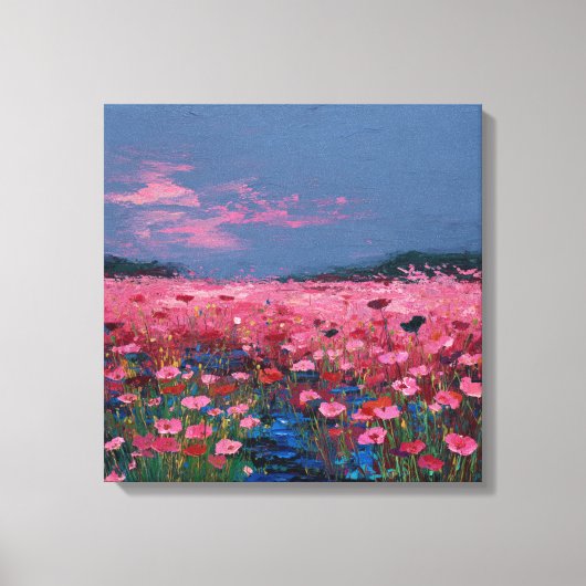 Impressionist Pink Poppy Field Textured Canvas Wal (Voorkant)