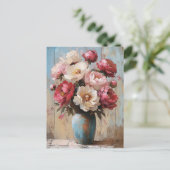Impressionist Roze Bloemen Blauwe Vaas Briefkaart (Staand voorkant)