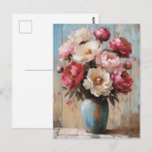 Impressionist Roze Bloemen Blauwe Vaas Briefkaart (Voorkant / Achterkant)