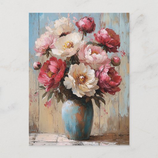 Impressionist Roze Bloemen Blauwe Vaas Briefkaart (Voorkant)