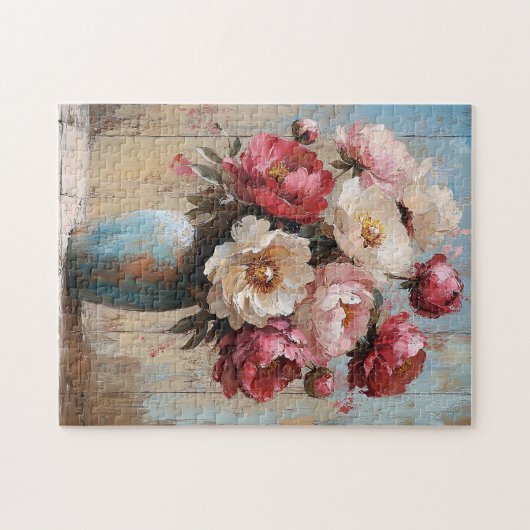 Impressionist Roze Bloemen Blauwe Vaas Legpuzzel (Horizontaal)