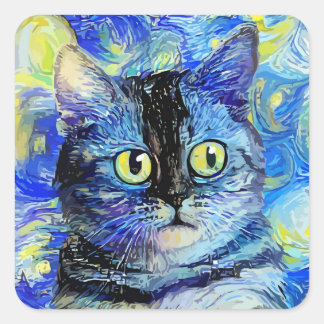 Impressionist Sterrennacht Tabby Cat Portret Vierkante Sticker