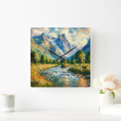 Impressionist Valley Mountain Trees Stream Vierkante Klok (Huis)