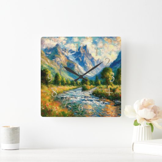 Impressionist Valley Mountain Trees Stream Vierkante Klok (Huis)