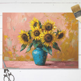 Impressionist Zonnebloemen in een Blauwe Vaas Deco Tissuepapier