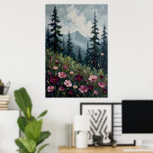 Impressionistisch berglandschap met wilde bloemen poster (Thuiskantoor)
