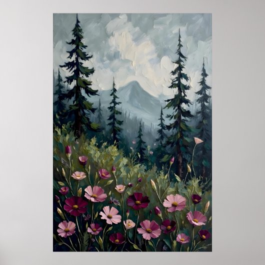 Impressionistisch berglandschap met wilde bloemen poster (Voorkant)