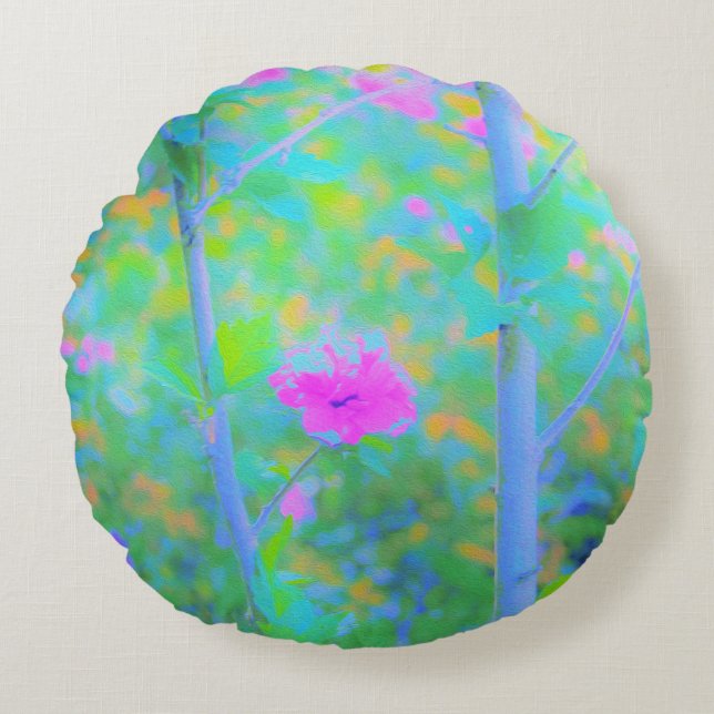 Impressionistisch Blau Landschap met Roze Bloem Rond Kussen (Voorkant)