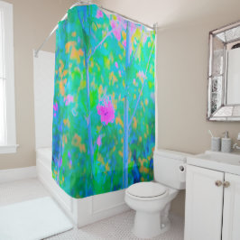 Impressionistisch blauw landschap met roze ventila douchegordijn