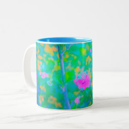 Impressionistisch blauw landschap met roze ventila tweekleurige koffiemok