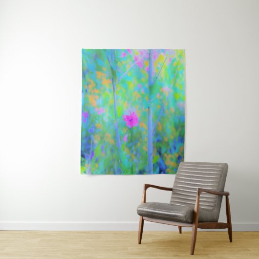 Impressionistisch blauw landschap met roze ventila wandkleed (In situ)