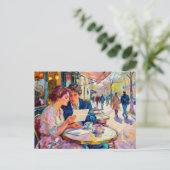 Impressionistisch café paar lezend en discussiëren briefkaart (Staand voorkant)