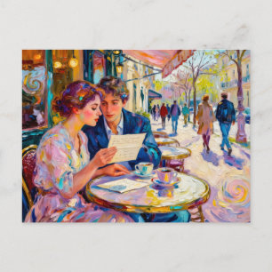 Impressionistisch café paar lezend en discussiëren briefkaart