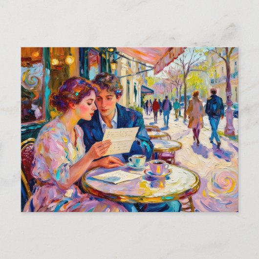 Impressionistisch café paar lezend en discussiëren briefkaart (Voorkant)