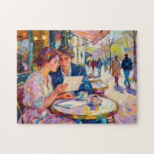 Impressionistisch café paar lezend en discussiëren legpuzzel