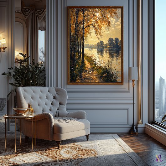 Impressionistisch herfstrivierslandschap gouden li poster