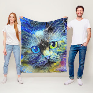 Impressionistisch kattenportret blauw geel zwart fleece deken