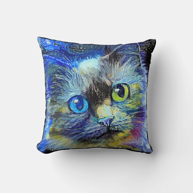 Impressionistisch kattenportret blauw geel zwart kussen (Voorkant)