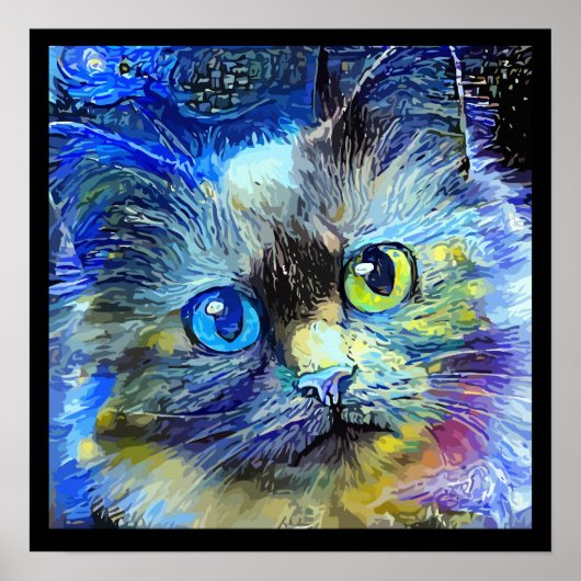 Impressionistisch kattenportret Blauw Geel Zwart Poster (Voorkant)