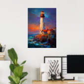 Impressionistisch kustvuurtoren landschapsschilder poster (Thuiskantoor)