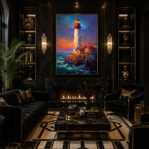 Impressionistisch kustvuurtoren landschapsschilder poster