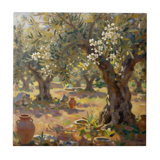 Impressionistisch olijfgaardtafereel tegeltje (Voorkant)
