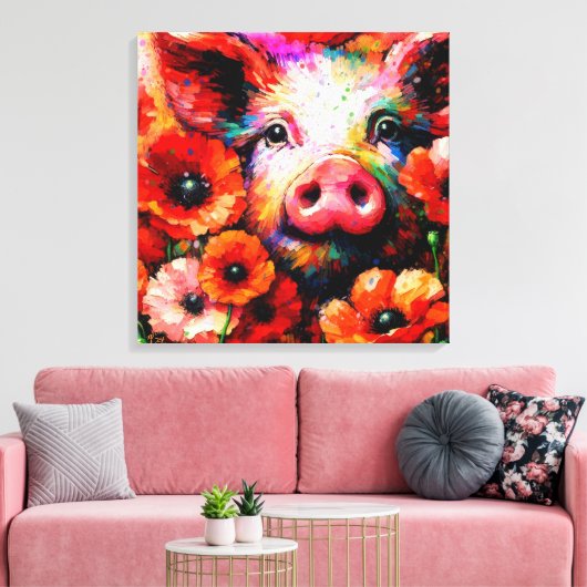 Impressionistisch varken in rode papaver bloemen canvas afdruk (Insitu (Woonkamer))
