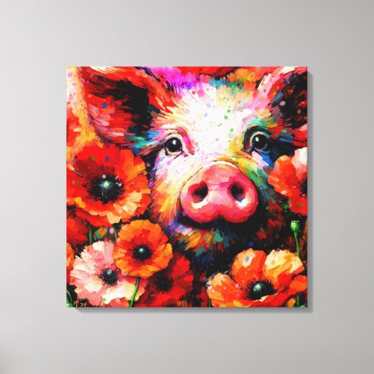 Impressionistisch varken in rode papaver bloemen canvas afdruk (Voorkant)