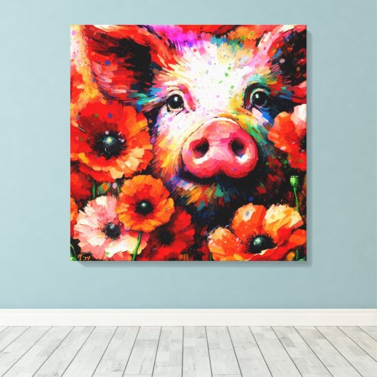 Impressionistisch varken in rode papaver bloemen canvas afdruk (Insitu (Houten vloer))