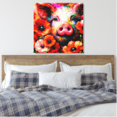 Impressionistisch varken in rode papaver bloemen canvas afdruk (Insitu (Slaapkamer))