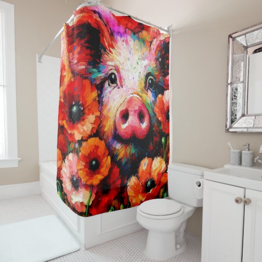 Impressionistisch varken in rode papaver bloemen douchegordijn (In situ)