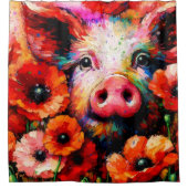 Impressionistisch varken in rode papaver bloemen douchegordijn (Voorkant)