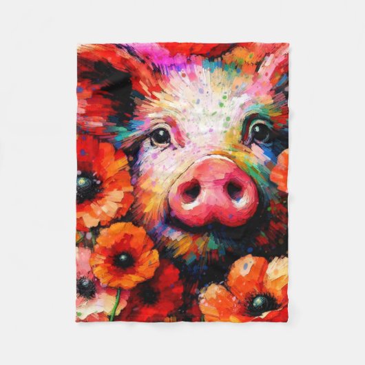 Impressionistisch varken in rode papaver bloemen fleece deken (Voorkant)