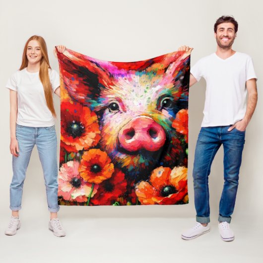 Impressionistisch varken in rode papaver bloemen fleece deken (In situ)