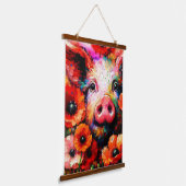 Impressionistisch varken in rode papaver bloemen hangend wandkleed (Gebogen)