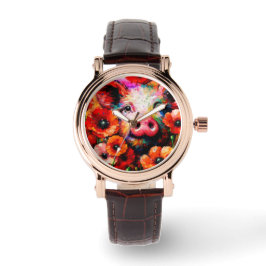 Impressionistisch varken in rode papaver bloemen horloge