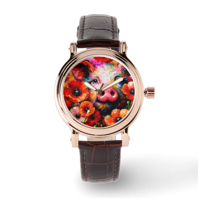 Impressionistisch varken in rode papaver bloemen horloge (Voorkant)