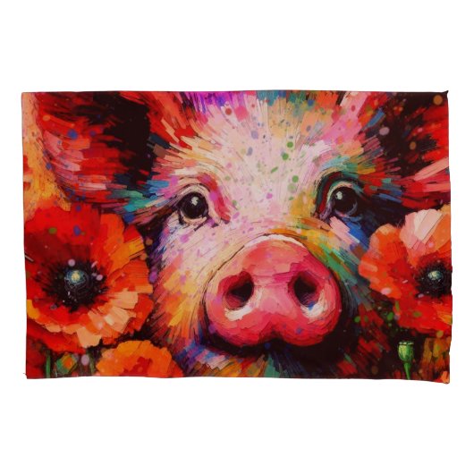 Impressionistisch varken in rode papaver bloemen kussensloop (Voorkant)