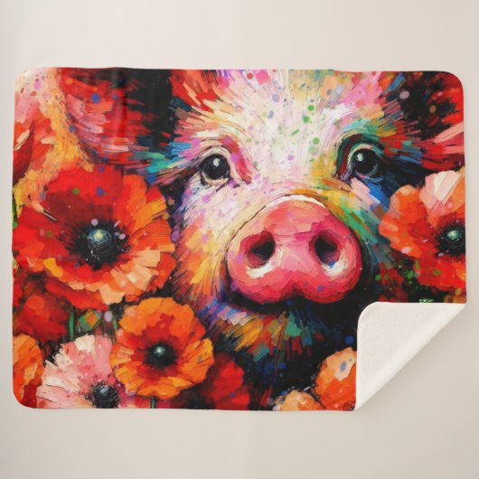 Impressionistisch varken in rode papaver bloemen sherpa deken (Voorkant (horizontaal))