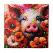 Impressionistisch varken in rode papaver bloemen tegeltje (Voorkant)