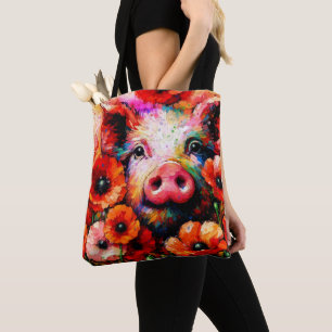 Impressionistisch varken in rode papaver bloemen tote bag