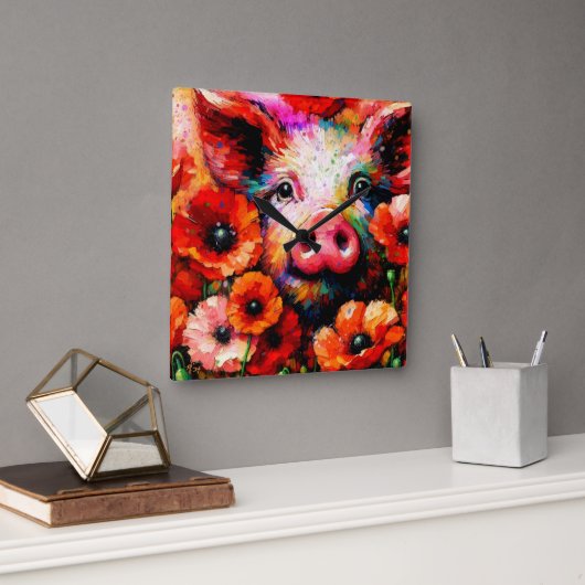 Impressionistisch varken in rode papaver bloemen vierkante klok (Kantoor)