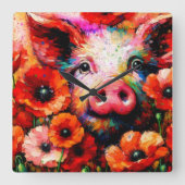 Impressionistisch varken in rode papaver bloemen vierkante klok (Voorkant)