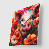 Impressionistisch varken in rode papaver bloemen vierkante klok (Hoek)