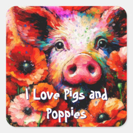 Impressionistisch varken in rode papaver bloemen vierkante sticker