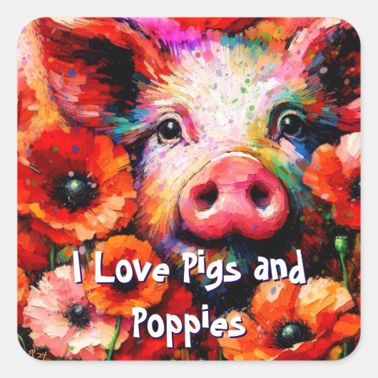 Impressionistisch varken in rode papaver bloemen vierkante sticker (Voorkant)