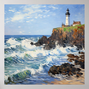 Impressionistisch vuurtorenschilderij in kustgebie poster