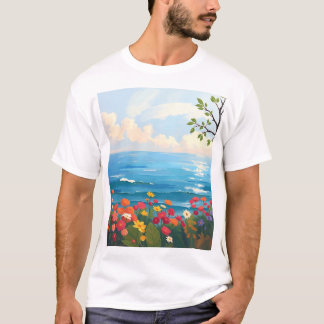 Impressionistisch zeegezicht met bloeiende tuin t-shirt