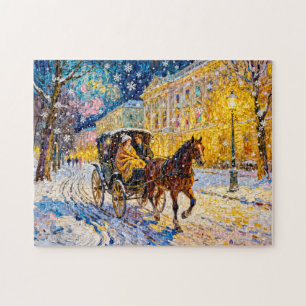 Impressionistische besneeuwde stadsnacht met passe legpuzzel