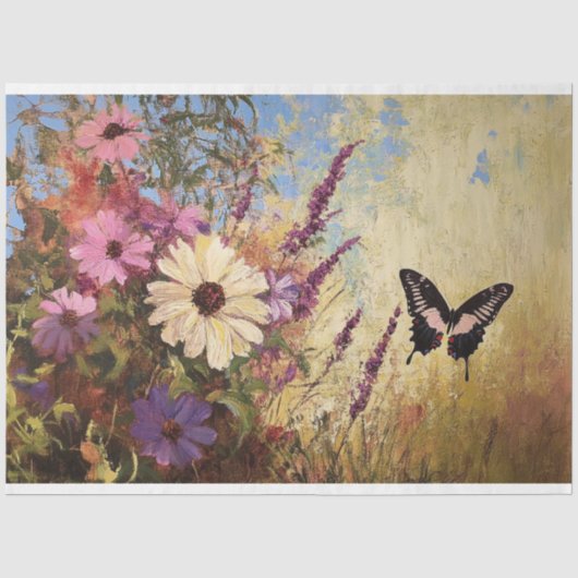 Impressionistische bloemen en vlinder decoupage tissuepapier (Voorkant)